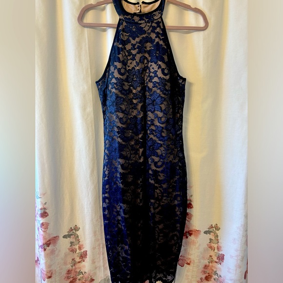 Navy lace dress with nude underlay - Picture 1 of 2